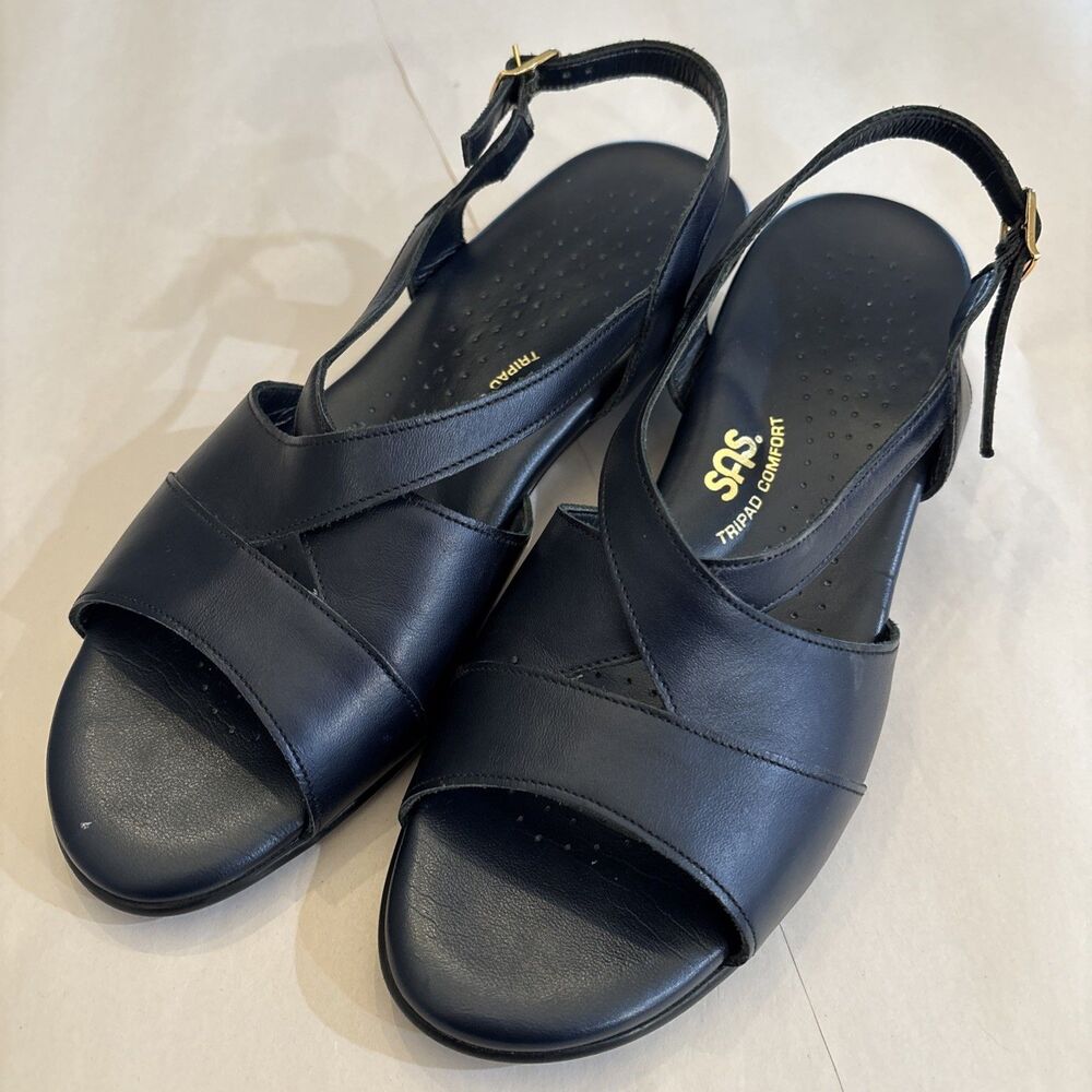 SAS Sandals Navy Blue Women 10 M Leather Triple Comfort Buckles USA 234394 Shoe